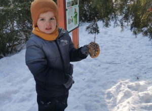 dzieci dokarmiają ptaki zimą
