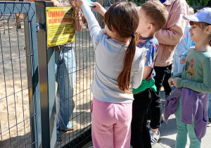 dzieci rozdają podczas spaceru karteczki niezapominajkowe
