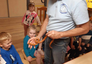 Dzieci oglądają węża zbożowego.