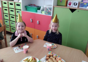dwie dziewczynki w urodzinowych czapkach siedzą przy stoliku