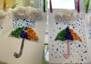 praca plastyczna wyklejony parasol bibułą i kropelki z farby