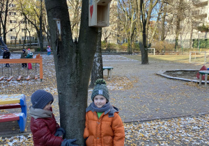 dzieci stoją przy drzewie z karmikiem