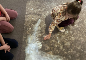dziecko na magicznym dywanie odkrywa skamieniałości
