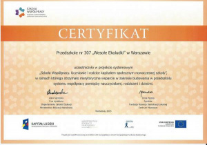 Certyfikat dla Przedszkola 307 za udział w projekcie Szkoła Współpracy